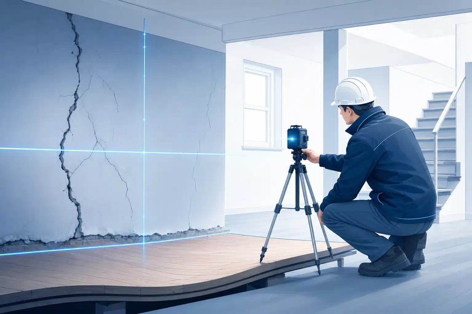 Expert mesurant un mur deforme et un plancher affaisse avec un niveau