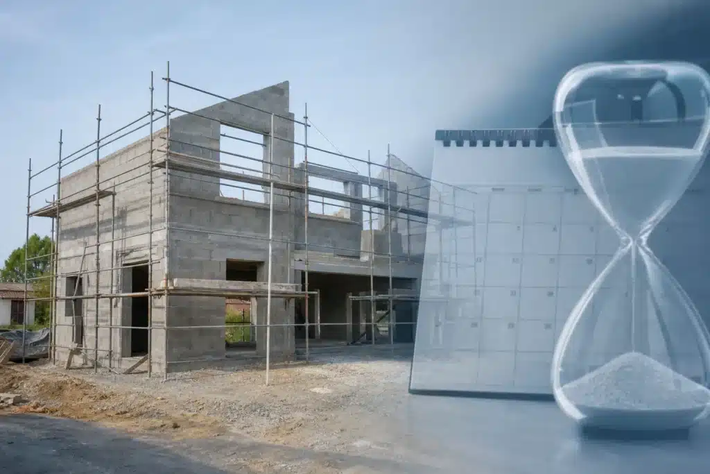 Chantier de construction de maison individuelle à l'arrêt illustrant les délais, pénalités de retard et l'abandon de chantier en CCMI