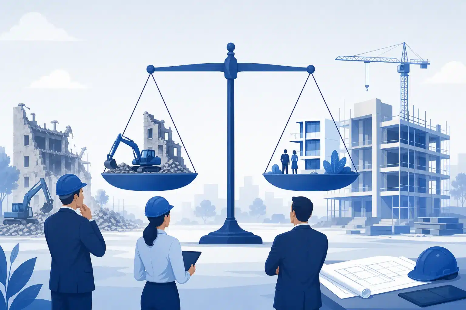 Chantier de reprise et balance symbolisant le controle de proportionnalite d une demolition-reconstruction