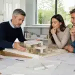 Architecte presentant des plans et une maquette a un couple de particuliers