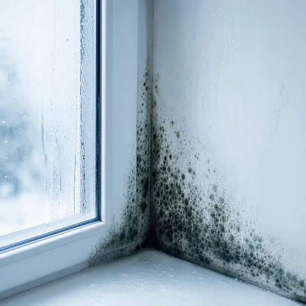 Moisissures noires dans l angle d un mur froid avec condensation pres d une fenetre