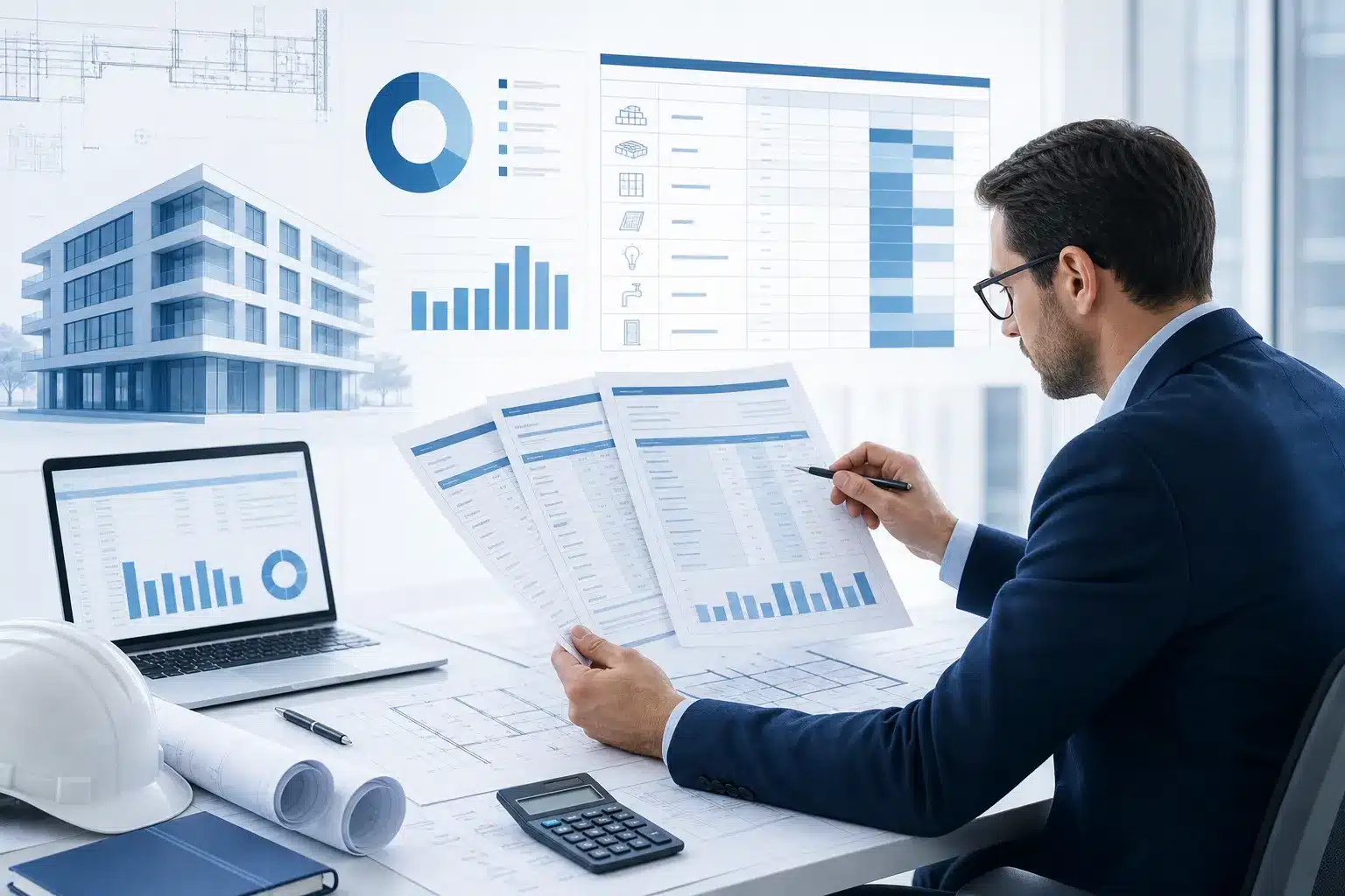 Economiste de la construction analysant des devis et un detail estimatif