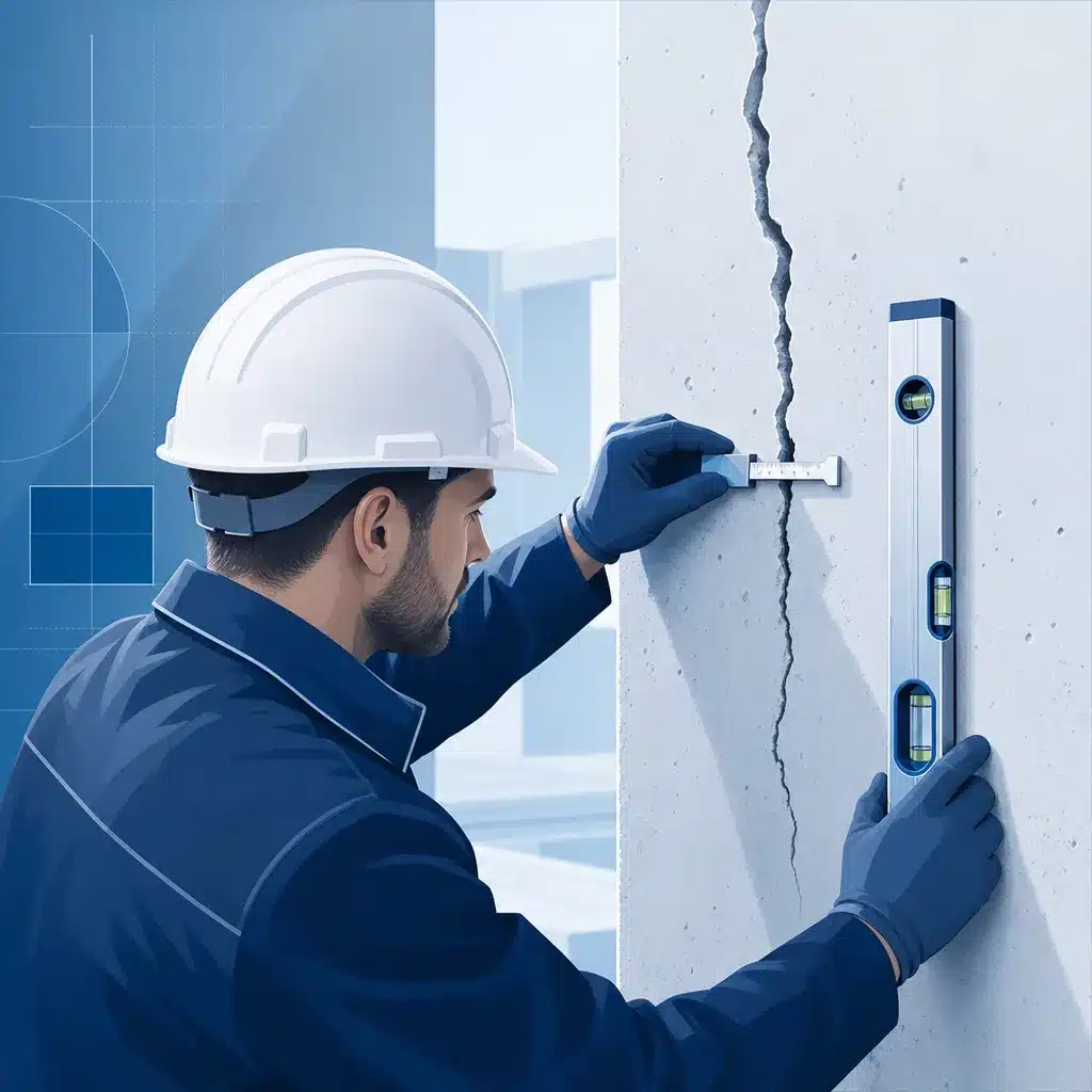Expert en batiment mesurant une fissure structurelle avec une jauge