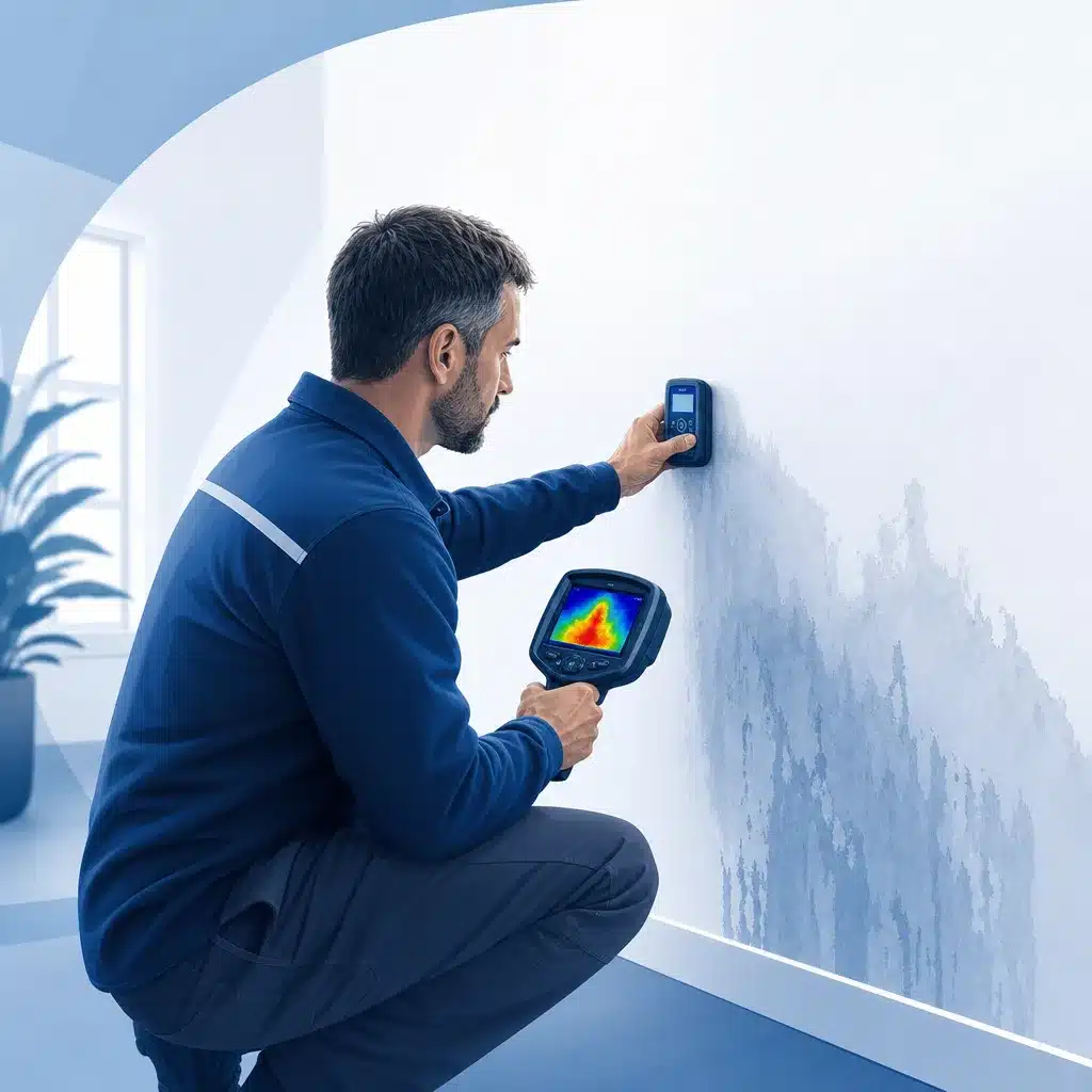 Diagnostic d humidite avec humidimetre et camera thermique sur un mur