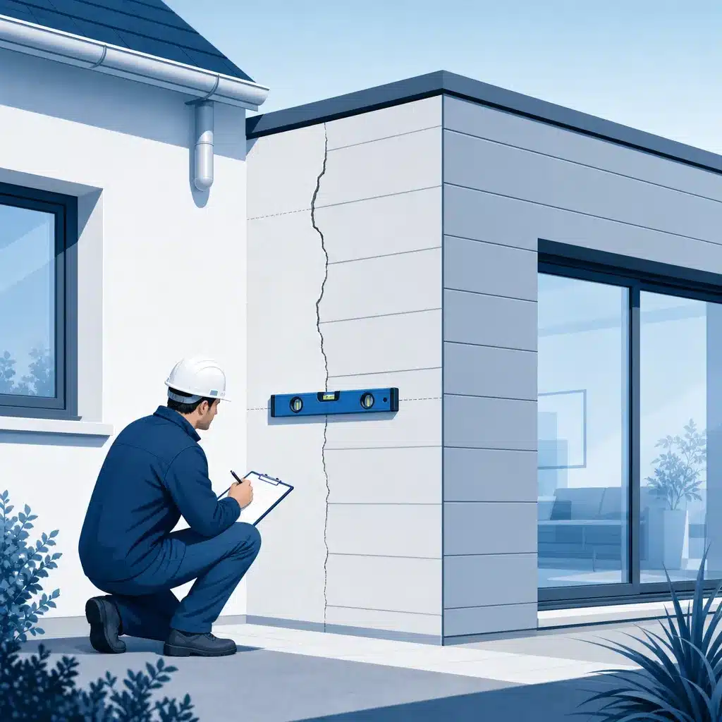 Expert en batiment inspectant la jonction entre une maison et une extension