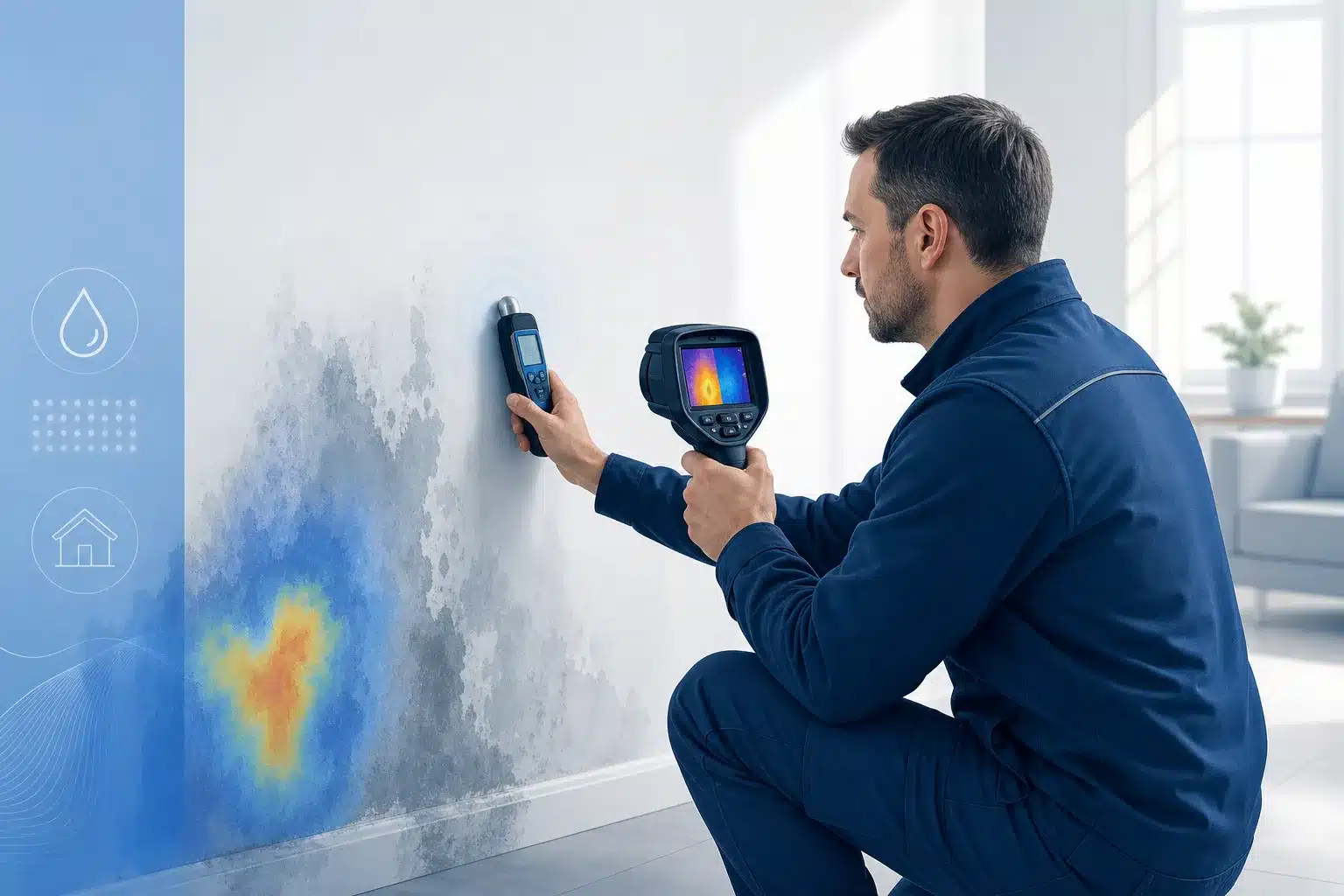Expert en batiment mesurant l humidite d un mur avec un humidimetre et une camera thermique