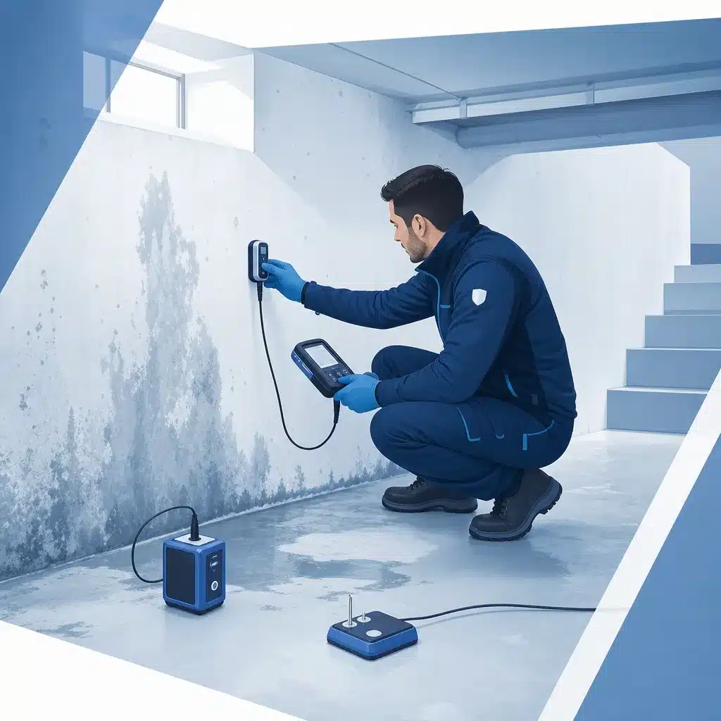 Expert realisant un diagnostic d humidite dans un sous-sol avec instruments de mesure