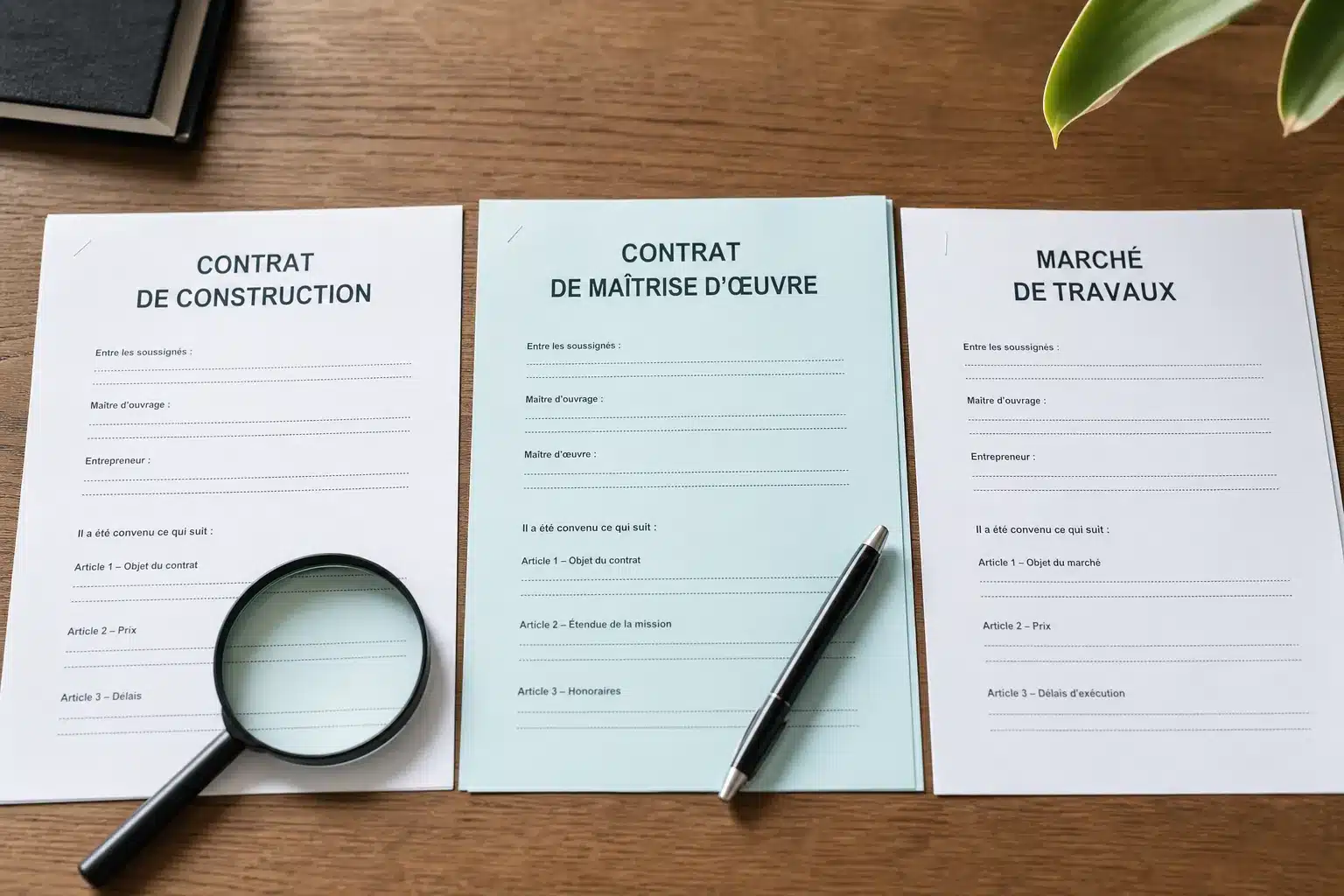 Documents contractuels comparés pour distinguer le CCMI du contrat de maîtrise d'œuvre et du marché de travaux