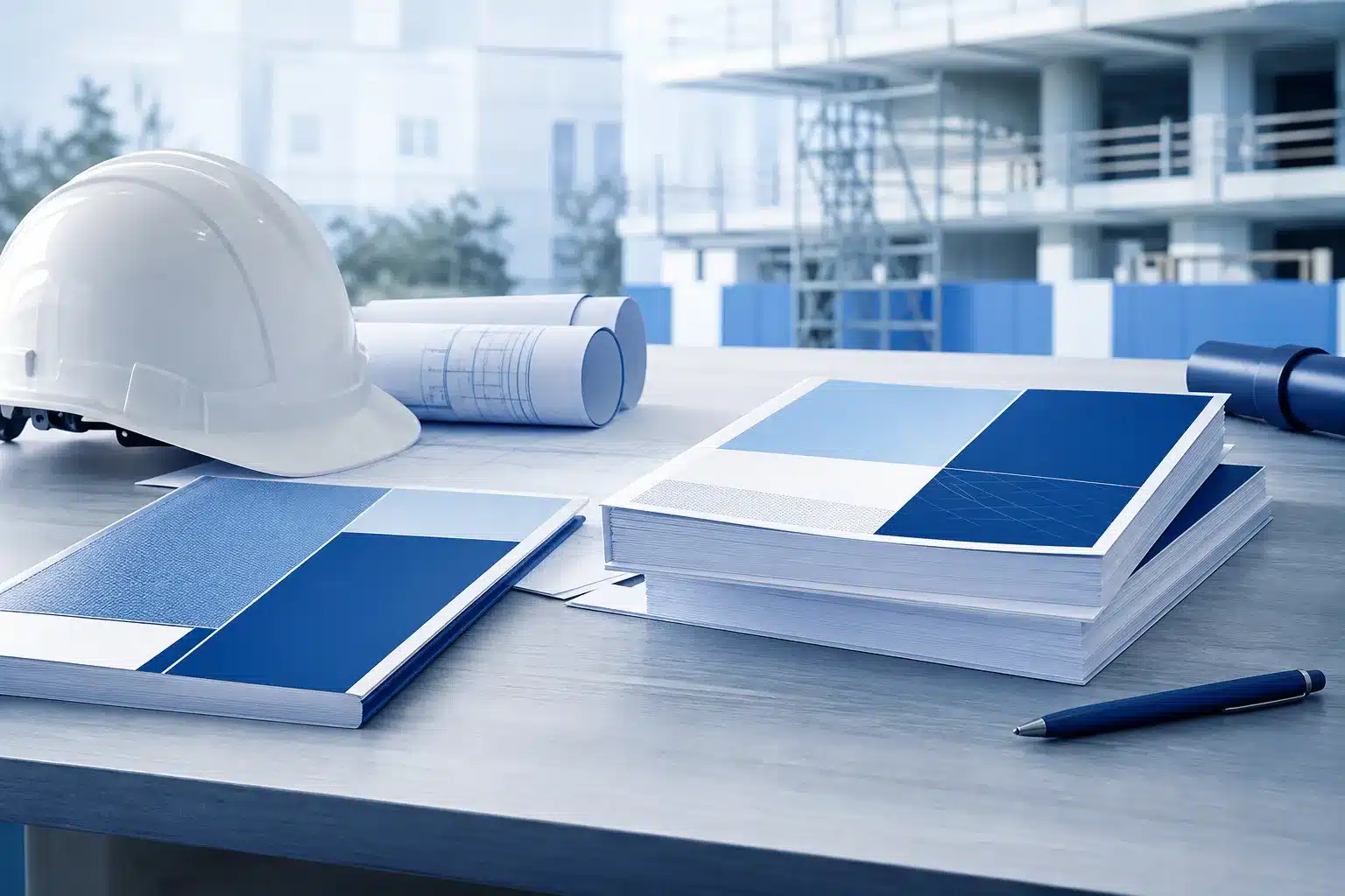 Documents techniques NF DTU et cahiers de prescriptions sur une table de chantier