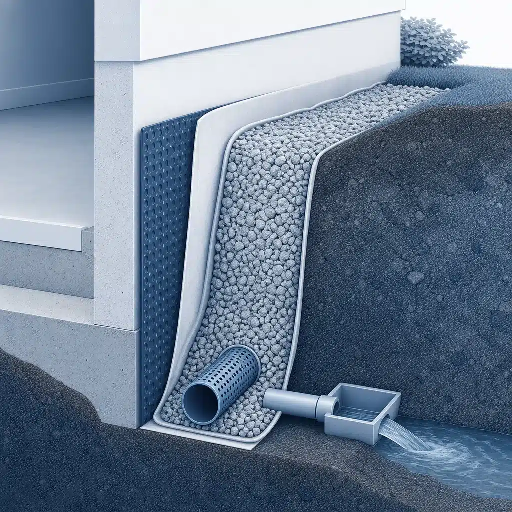Coupe d'un drainage peripherique le long d'un mur enterre