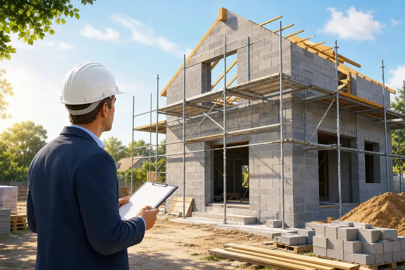 Maitre d ouvrage casque de chantier controlant l avancement des travaux avant un paiement
