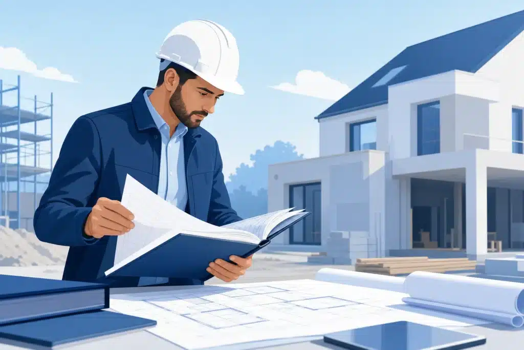Expert en batiment analysant des documents techniques DTU et normes sur un chantier