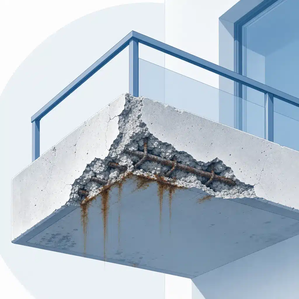 Nez de balcon en beton arme avec eclatement et armatures corrodees apparentes