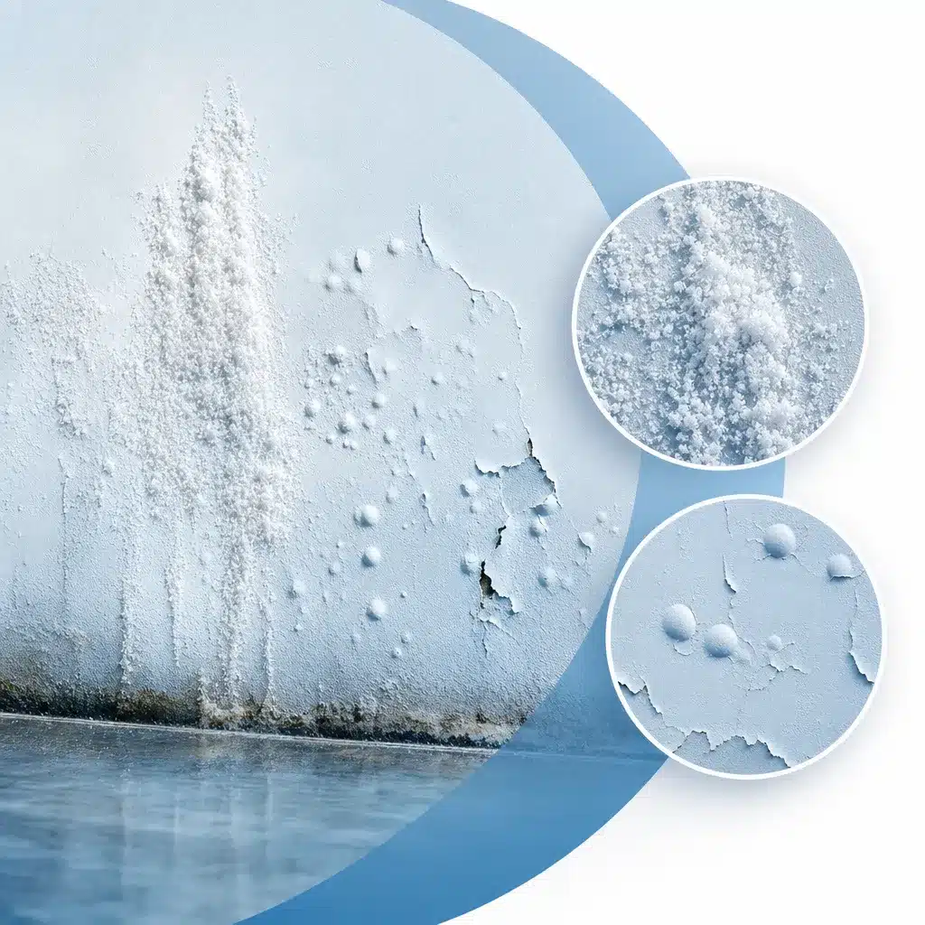 Efflorescences blanches et cloquage de peinture sur un mur de facade humide