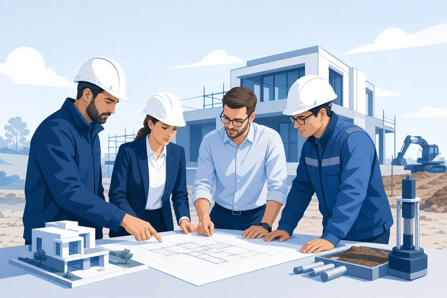 Entreprises concepteurs et techniciens de la construction analysant des plans