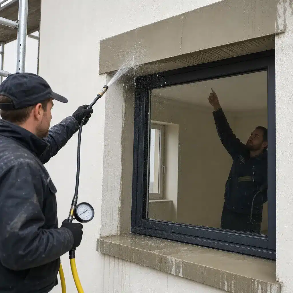 Essai d arrosage controle sur une facade reparee autour d une fenetre pour verifier l etancheite