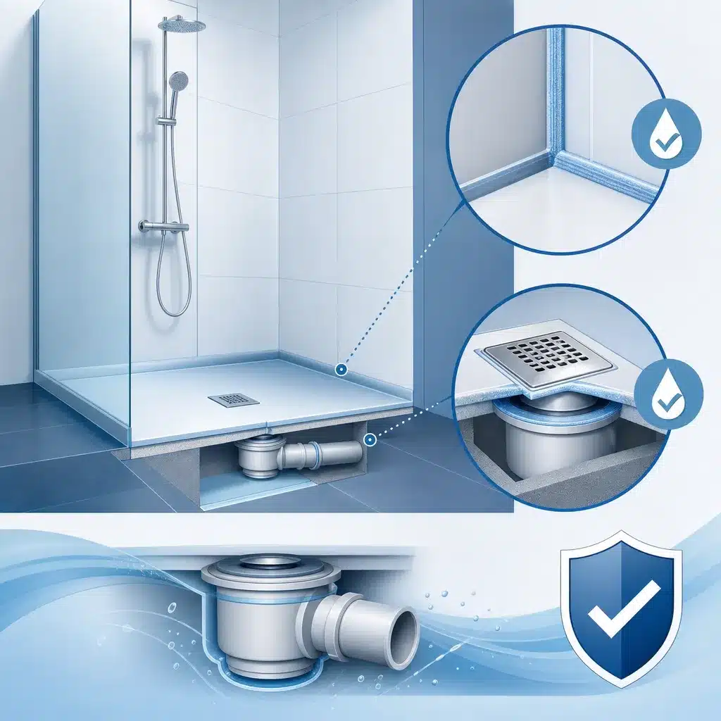 Douche a l italienne et siphon avec controle de l etancheite des joints et de la bonde