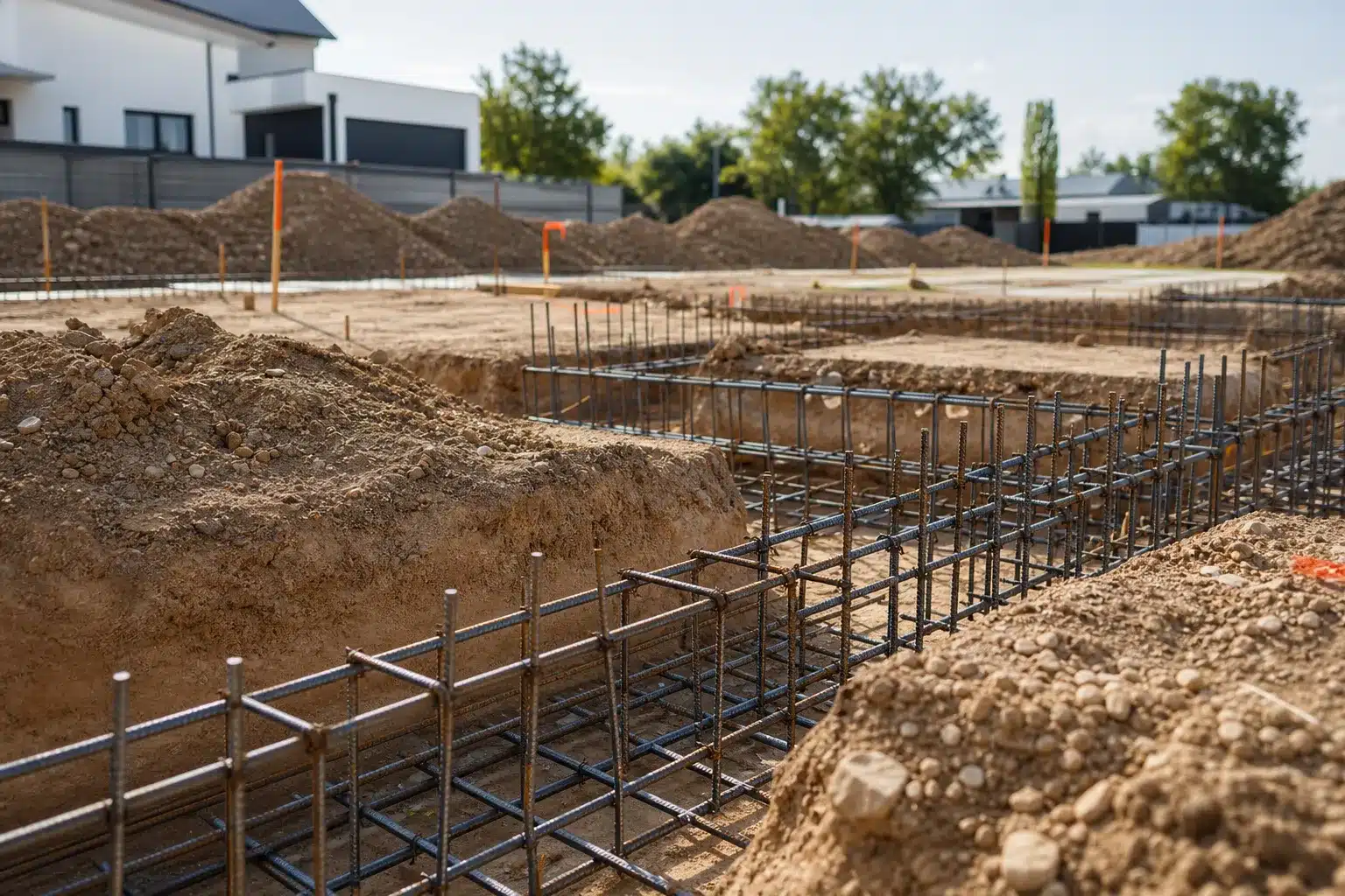Fouilles de fondation avec armatures en acier avant coulage sur un chantier de maison en CCMI