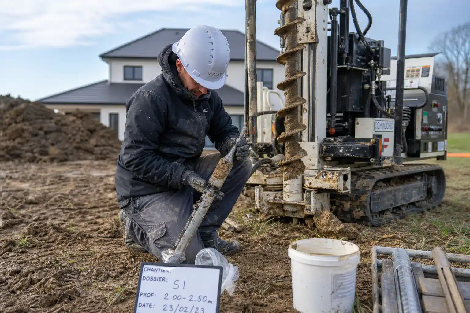 Géotechnicien réalisant une étude de sol par sondage à la tarière sur un terrain argileux avant la construction