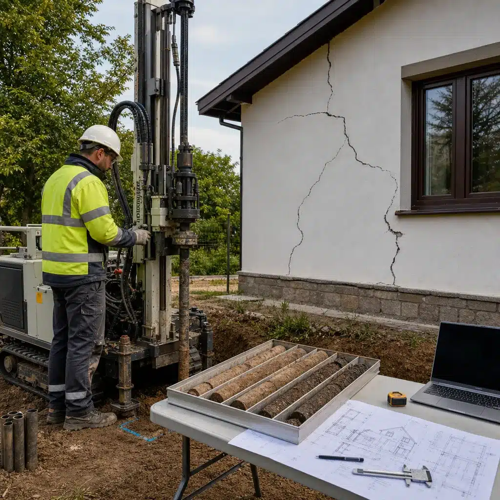 Sondage de sol geotechnique pres d une maison fissuree avec carottes de sol et plans de structure