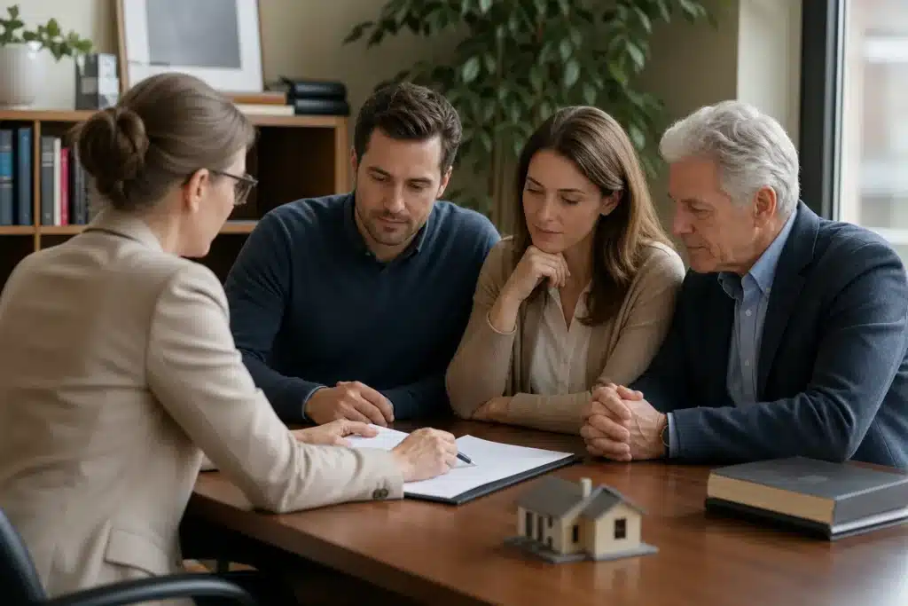 famille chez le notaire evaluant un bien pour une succession ou un partage