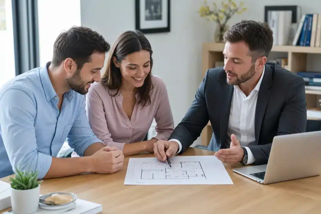 couple en rendez-vous avec un conseiller immobilier pour une vente ou un achat