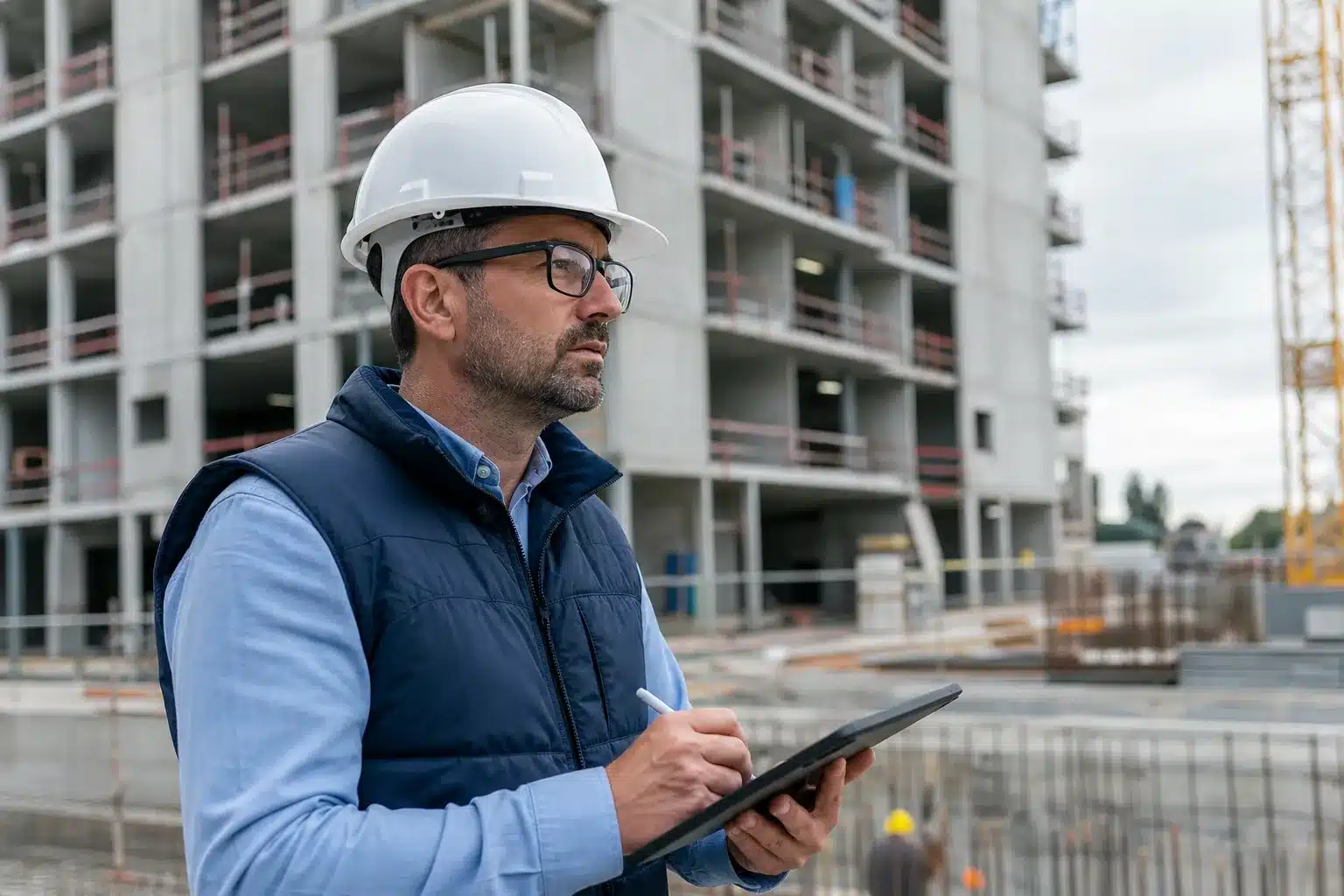 Expert en bâtiment évaluant l'avancement d'un chantier VEFA en cas de retard de livraison