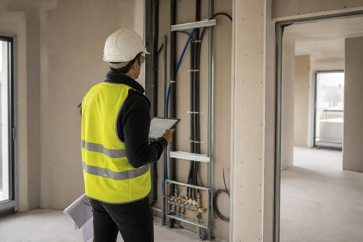 Expert en bâtiment contrôlant les cloisons et les réseaux pendant une visite cloisons en VEFA