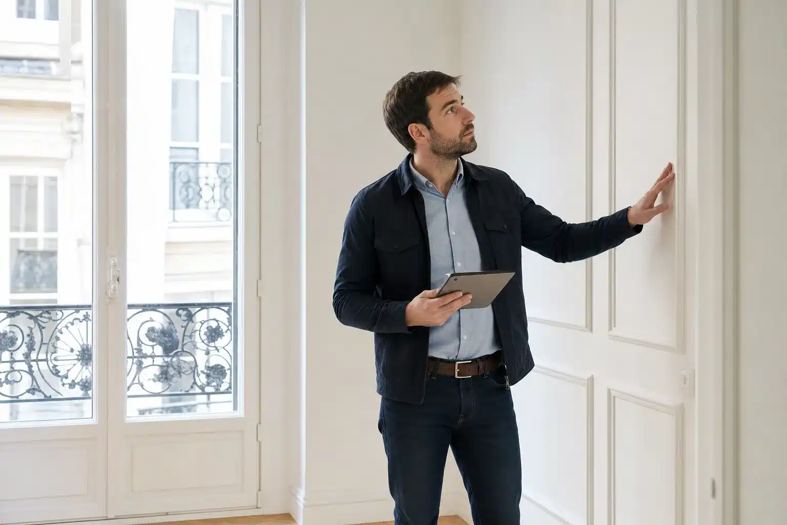 Expert en bâtiment indépendant contrôlant les finitions lors d'une pré-livraison VEFA