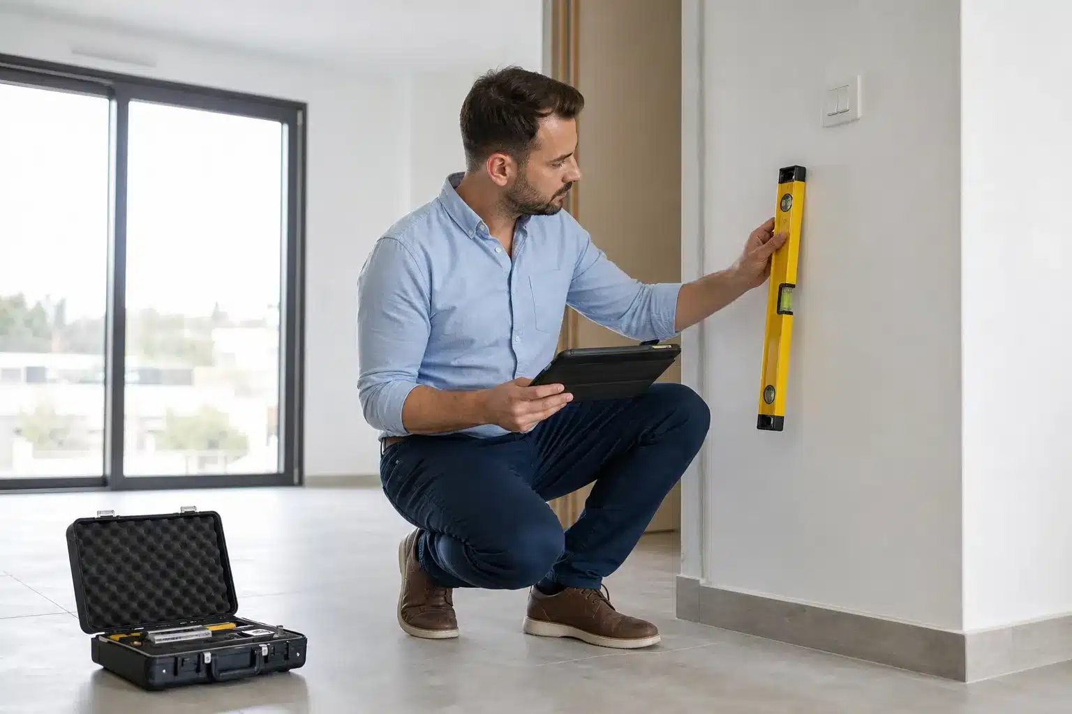 Expert en bâtiment examinant un mur et prenant des notes lors d'une expertise dans un logement neuf en VEFA