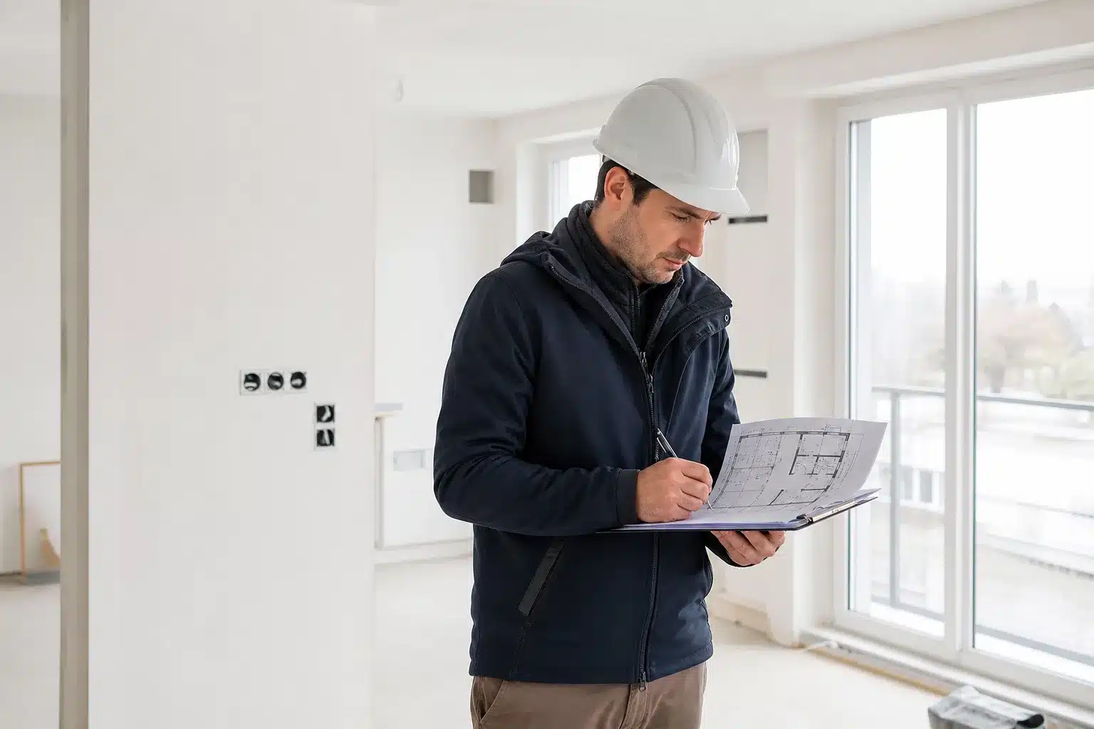 Expert en batiment Check my House controlant un appartement neuf en VEFA lors d une visite