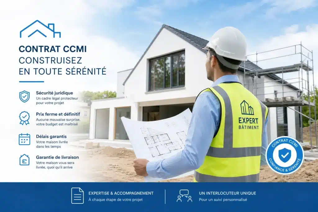Expert en batiment examinant une maison individuelle en construction dans le cadre d'un accompagnement CCMI