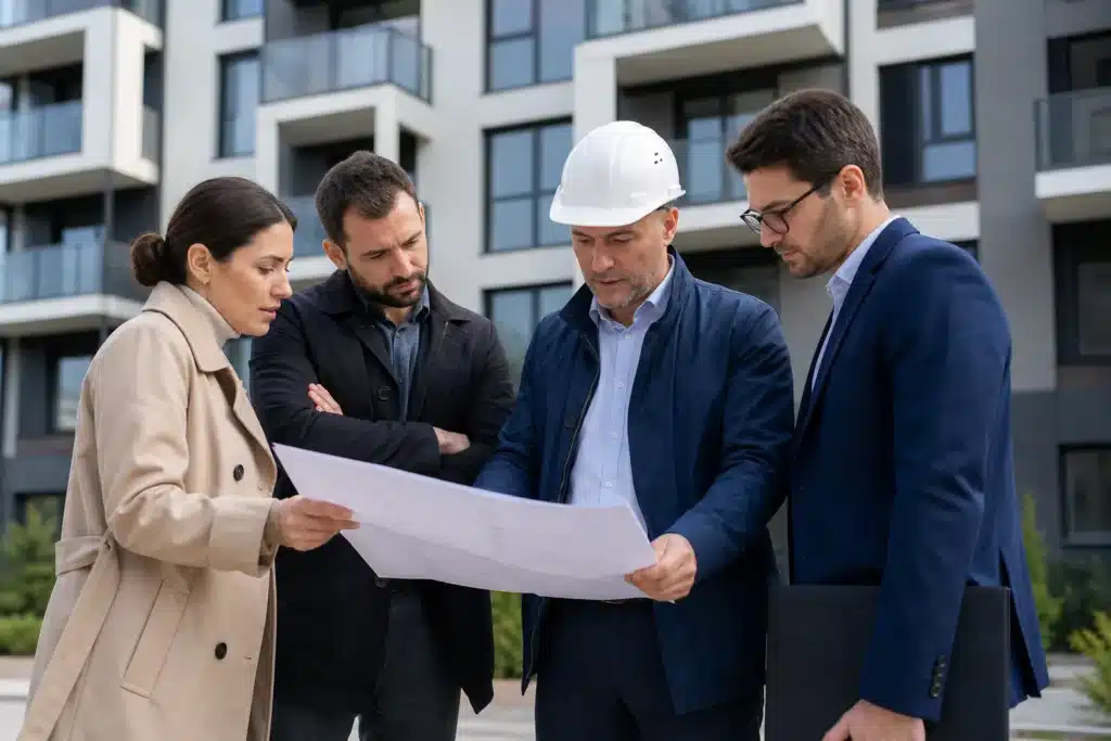 reunion dexpertise collective devant un immeuble
