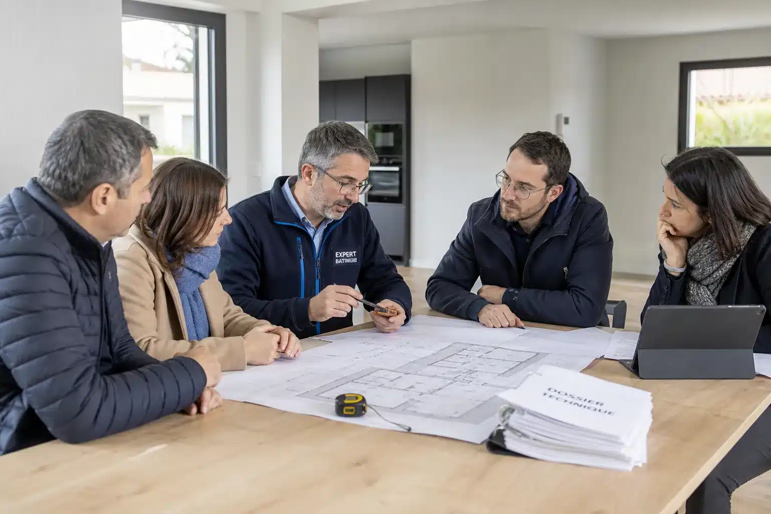 Expert et parties reunis lors d'une expertise contradictoire pour un litige de construction en CCMI