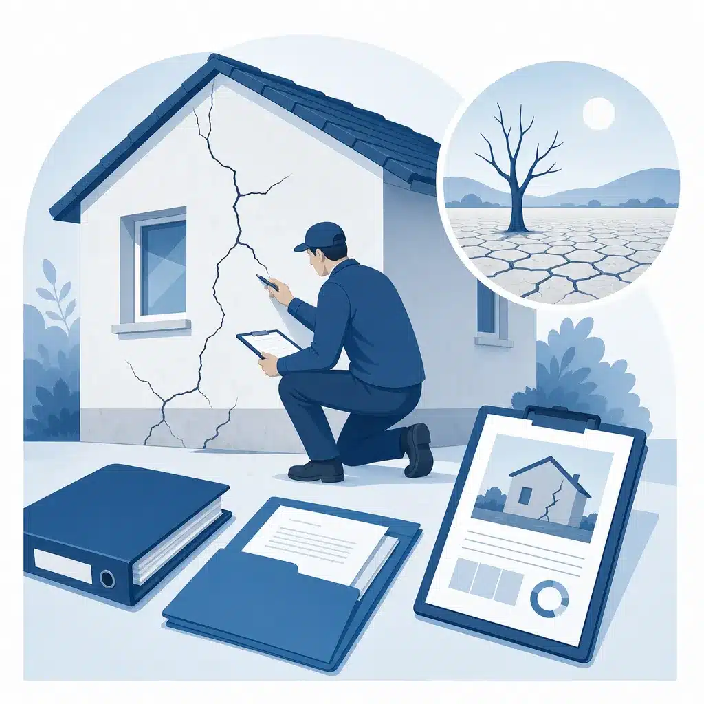 Schema d une expertise d assurance secheresse avec dossier et fissures