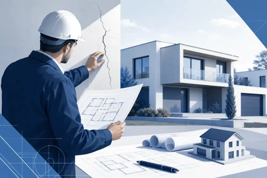 Expert en batiment realisant une expertise technique sur une construction