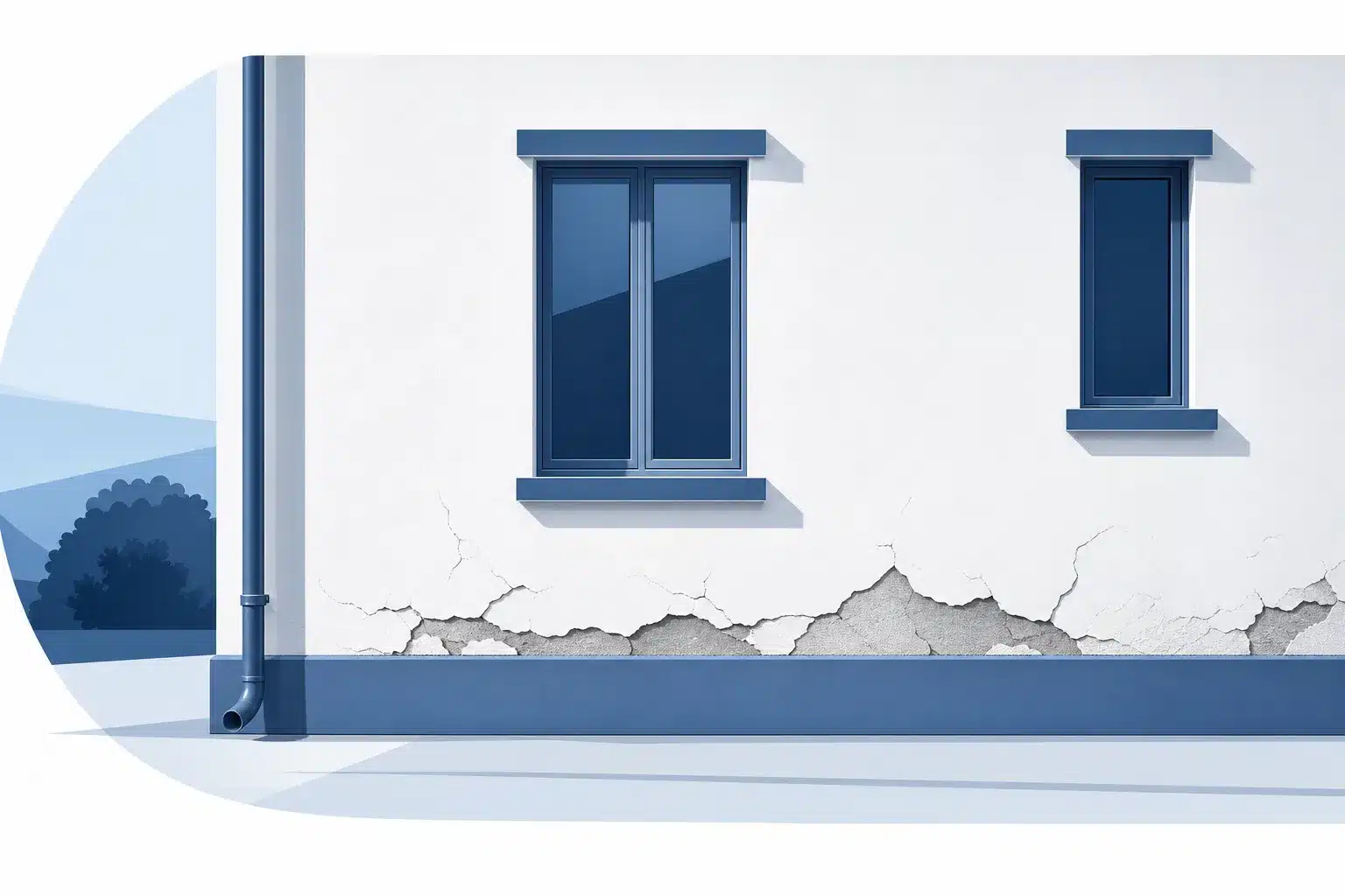 Facade de maison avec enduit fissure et decolle en partie basse