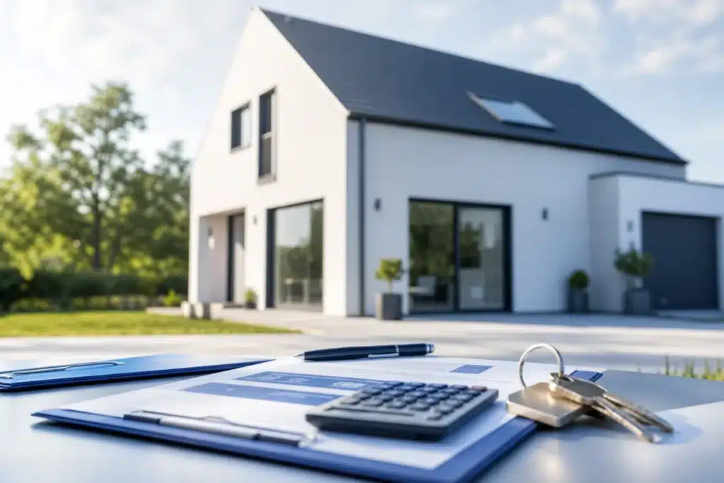 Maison neuve, dossier de prêt et clés illustrant le financement et l’assurance d’un CCMI