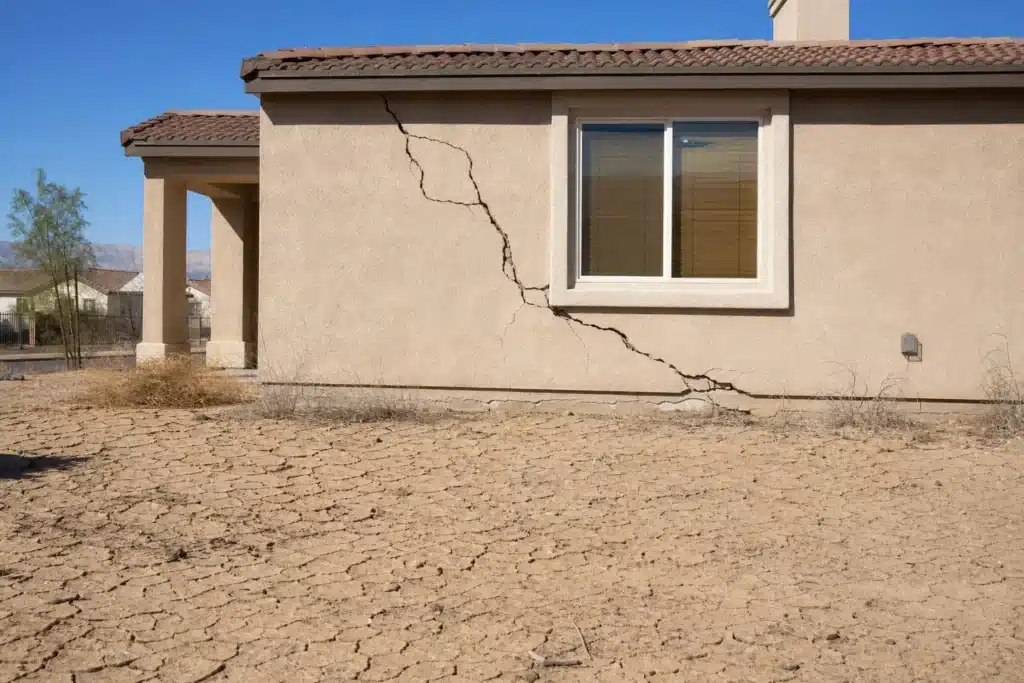 fissures de secheresse sur une maison et sol argileux fissure