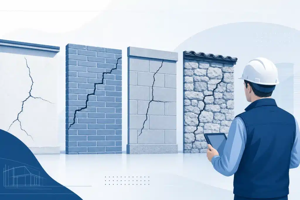 Fissures sur des murs en maconnerie briques blocs beton et pierre