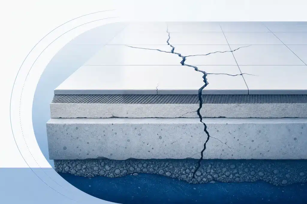 Fissures dans un sol carrele une chape et une dalle en beton