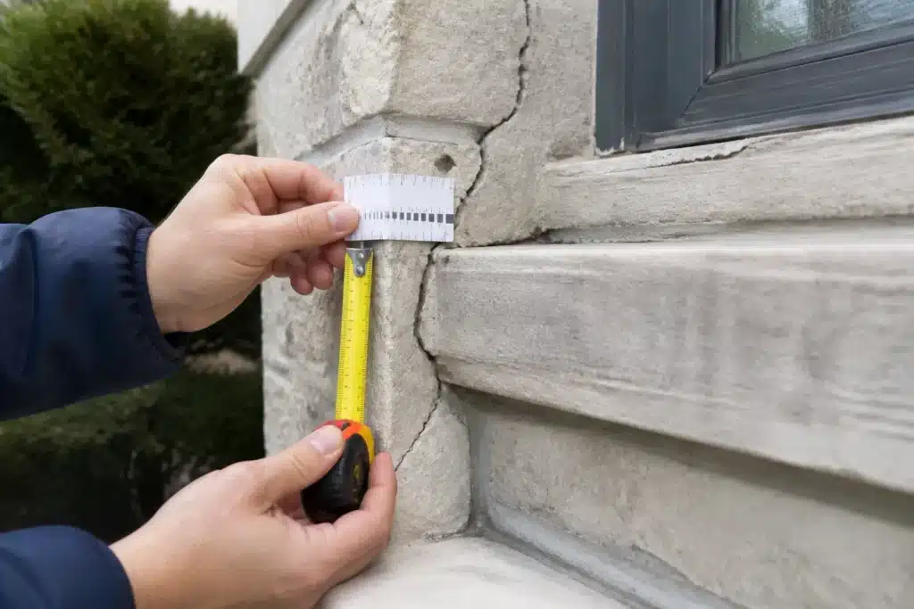 Fissure en escalier mesuree sur une facade en maconnerie