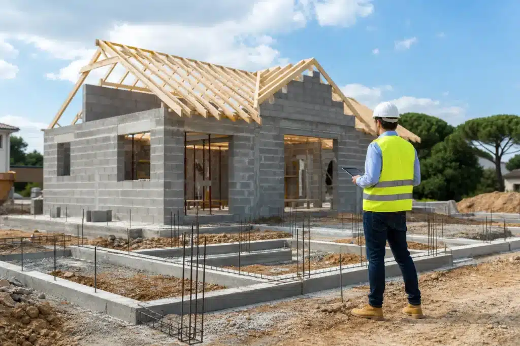 Chantier de maison individuelle en CCMI avec fondations, armatures et gros oeuvre contrôlés par un expert