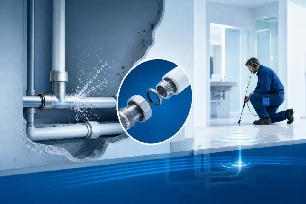 Fuite d eau sur un reseau de plomberie avec canalisations et raccords dans un batiment