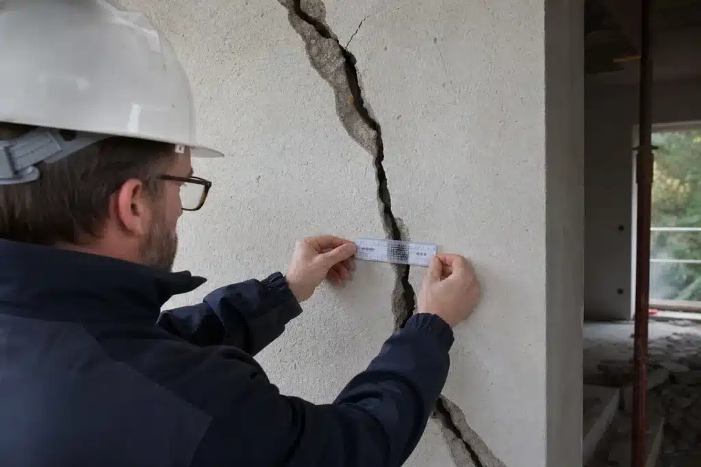 Expert mesurant une fissure structurelle traversante sur un mur porteur