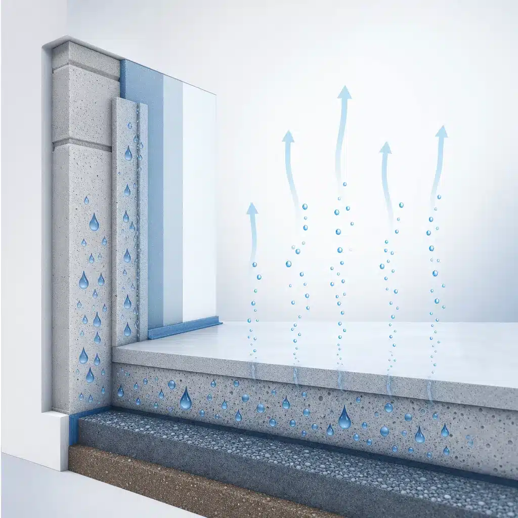 Coupe d un mur et d une chape neuve avec eau des materiaux qui s evapore