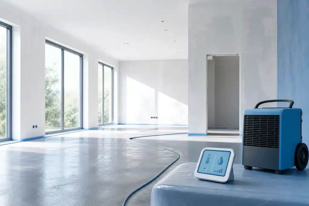 Chantier neuf en cours de sechage avec deshumidificateur et controle de l humidite