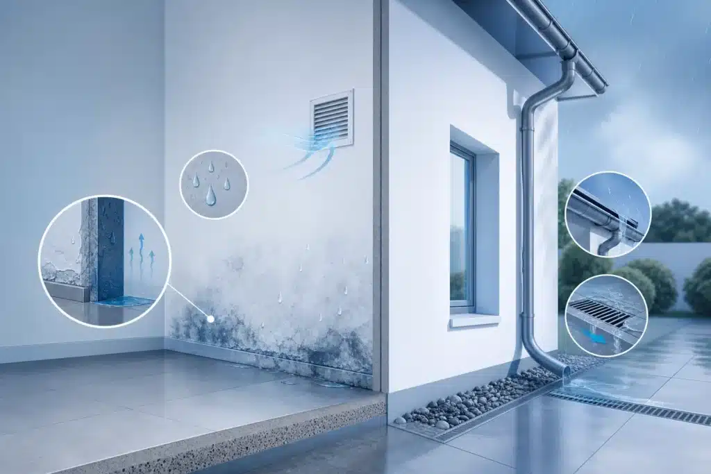 Illustration des desordres d humidite, infiltrations et gestion des eaux dans le batiment