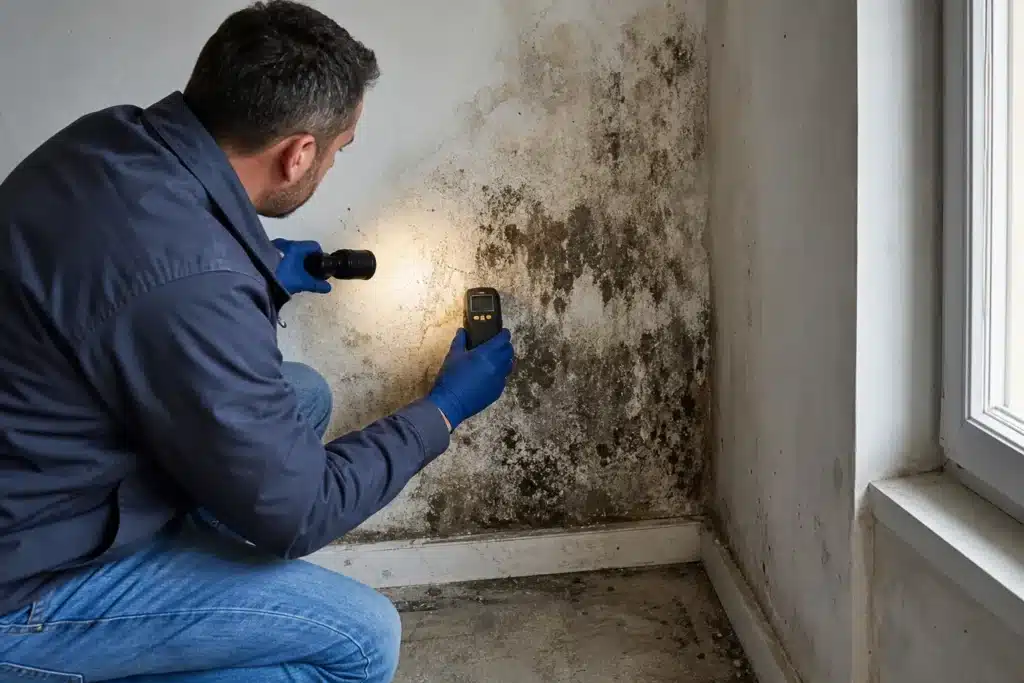 Expert inspectant un mur avec humidite et moisissures