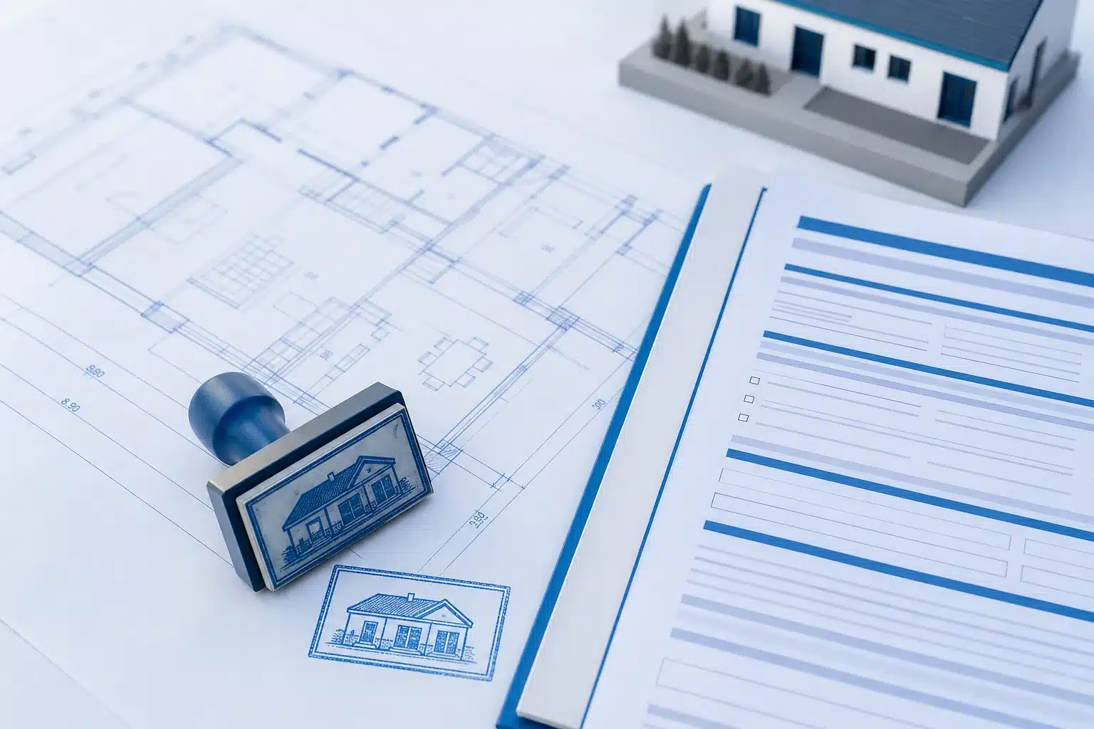 Plan de maison avec tampon d'autorisation d'urbanisme et formulaire administratif symbolisant un permis de construire modificatif
